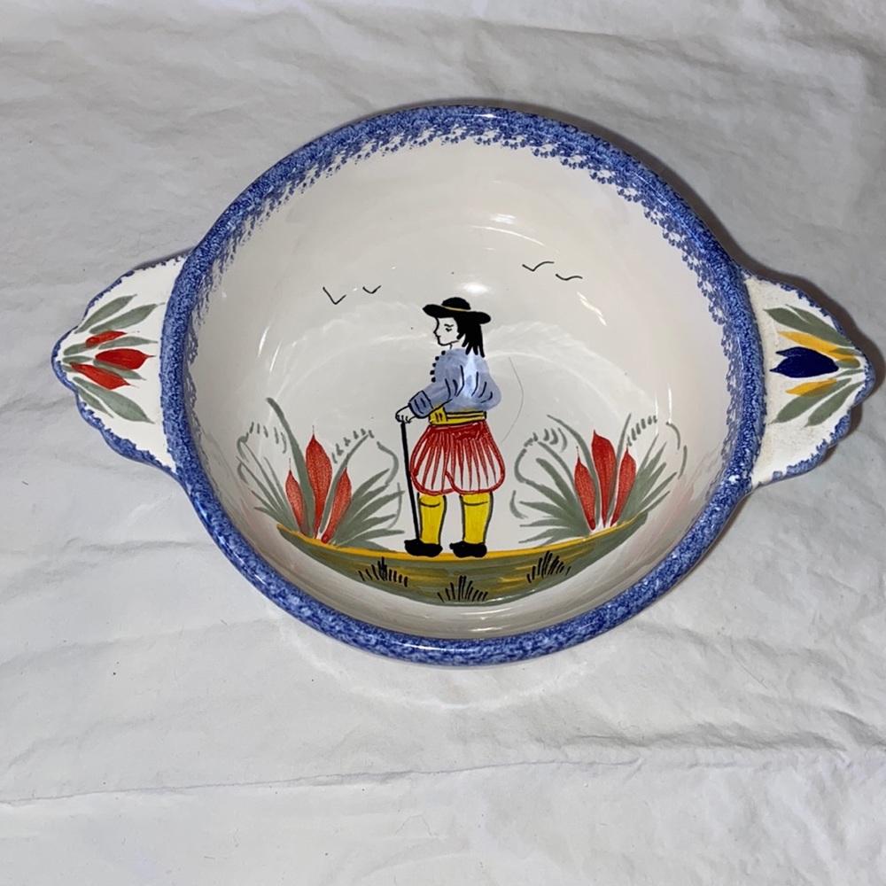 Vintage Henriot Quimper Soliel Yellow Bowl France Depicts Breton woman.